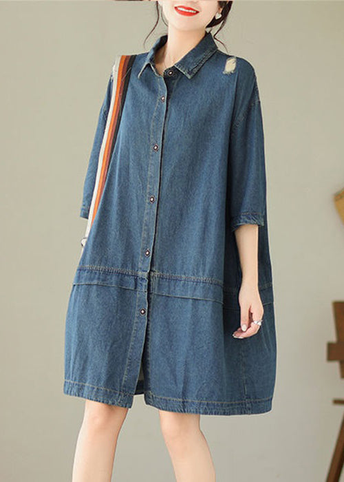 Loose Blue Peter Pan Collar Button Denim Mid Dress Half Sleeve