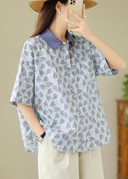 Loose Blue Peter Pan Collar Button Print Cotton Blouses Summer