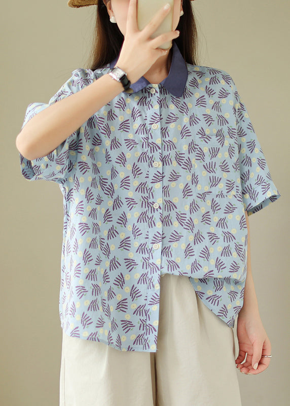 Loose Blue Peter Pan Collar Button Print Cotton Blouses Summer