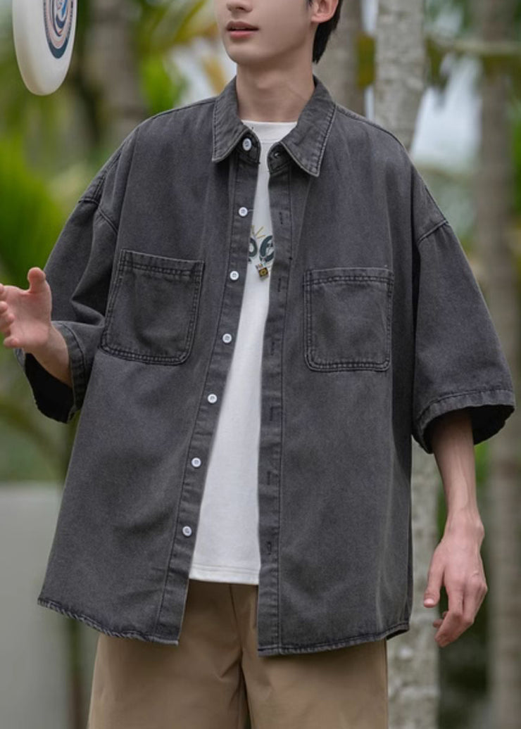 Loose Blue Peter Pan Collar Pockets Denim Shirts Mens Spring