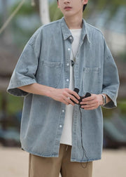 Loose Blue Peter Pan Collar Pockets Denim Shirts Mens Spring