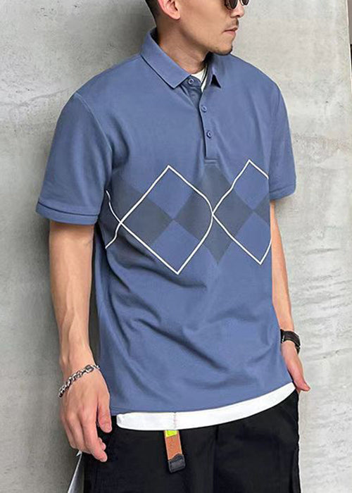 Loose Blue Peter Pan Collar Print Cotton Mens Polo Shirts Summer