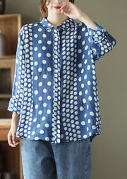 Loose Blue Peter Pan Collar Print Linen Shirt Long Sleeve