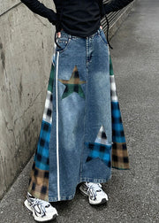 Loose Blue Plaid High Waist Patchwork Denim Skirt Spring