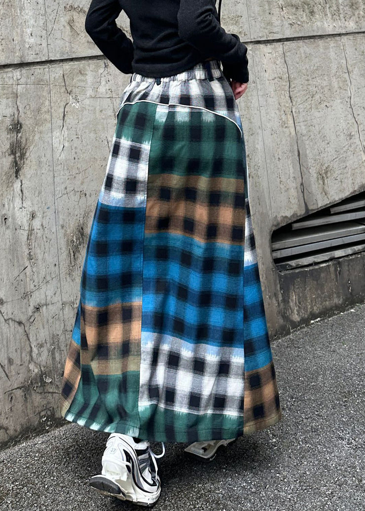 Loose Blue Plaid High Waist Patchwork Denim Skirt Spring