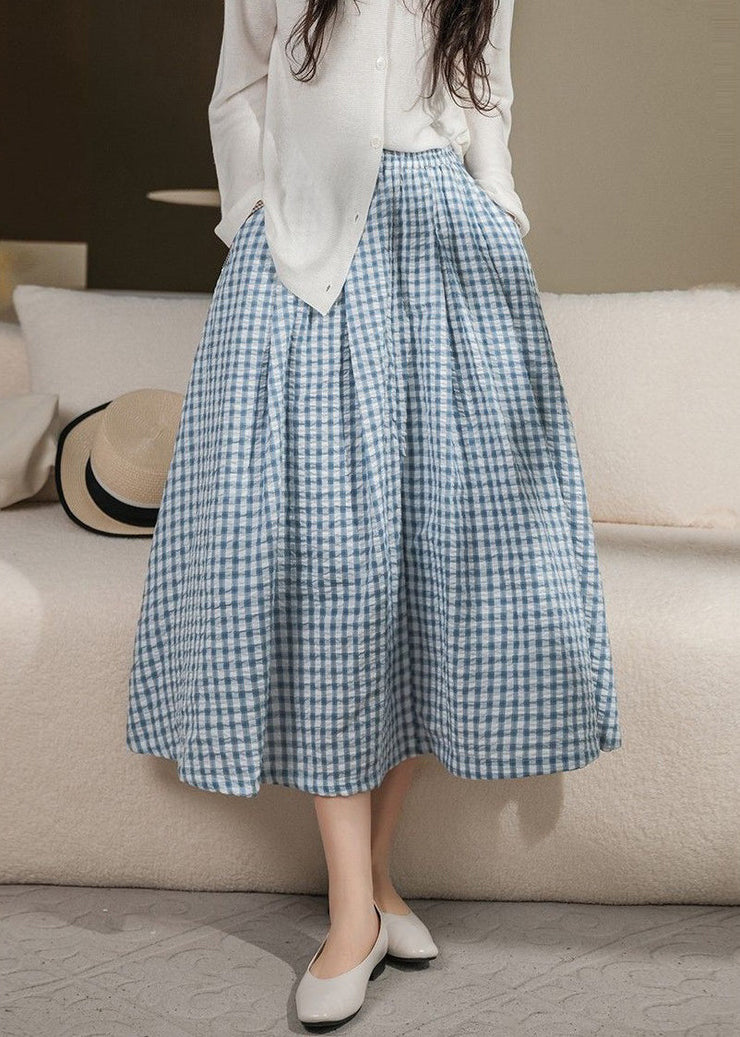 Loose Blue Plaid Pockets Elastic Waist Cotton Skirt Spring