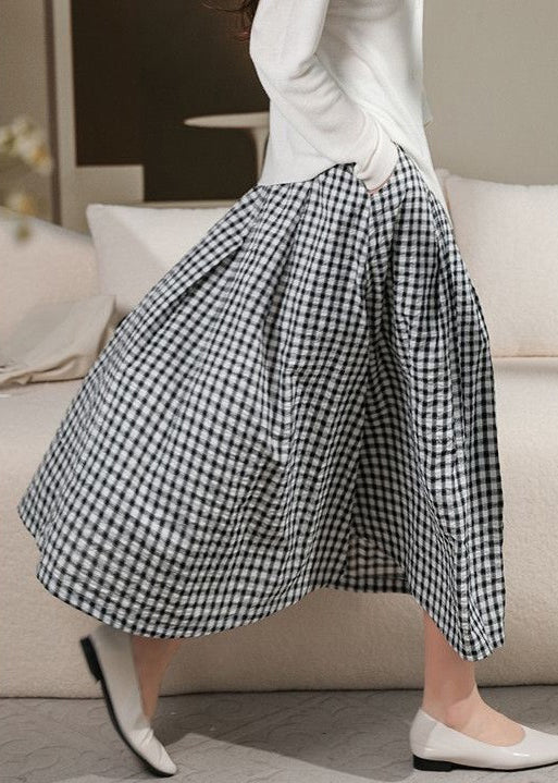 Loose Blue Plaid Pockets Elastic Waist Cotton Skirt Spring