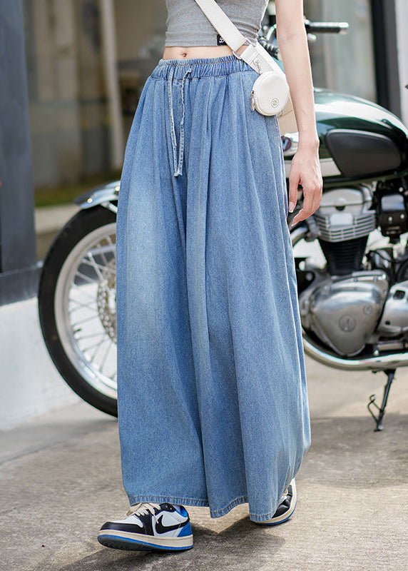 Loose Blue Pockets Elastic Waist Denim Wide Leg Pants Summer