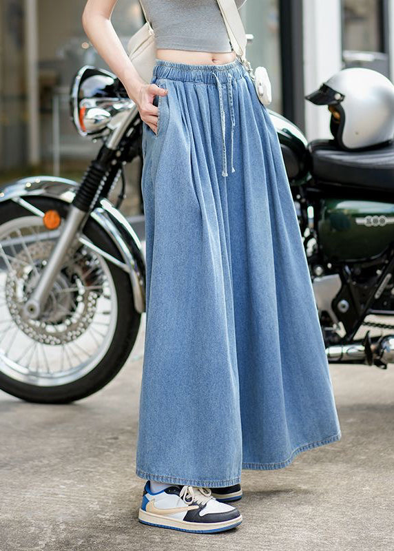 Loose Blue Pockets Elastic Waist Denim Wide Leg Pants Summer