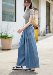 Loose Blue Pockets Elastic Waist Denim Wide Leg Pants Summer