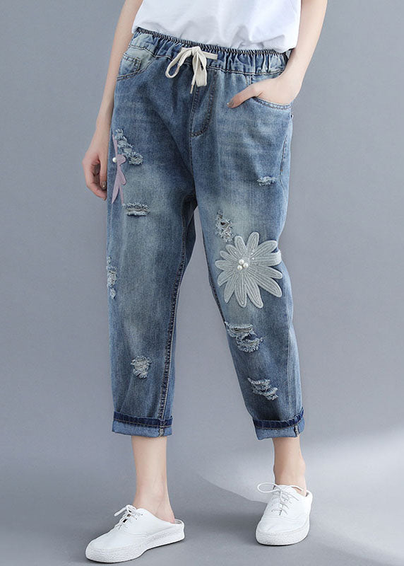 Loose Blue Pockets Nail Bead Elastic Waist Patchwork Ripped Jeans Summer