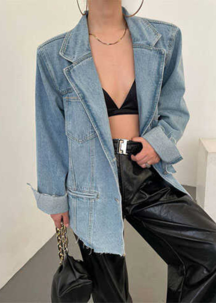 Loose Blue Pockets Notched Denim Coats Spring