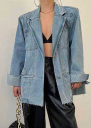 Loose Blue Pockets Notched Denim Coats Spring