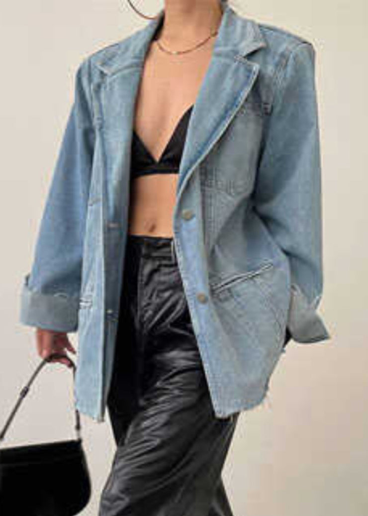 Loose Blue Pockets Notched Denim Coats Spring