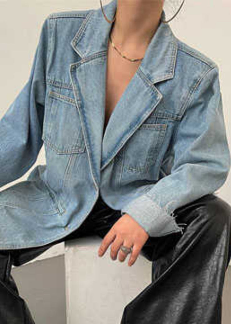 Loose Blue Pockets Notched Denim Coats Spring