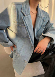 Loose Blue Pockets Notched Denim Coats Spring