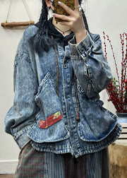 Loose Blue Pockets Patchwork Denim Short Coats Spring