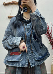 Loose Blue Pockets Patchwork Denim Short Coats Fall