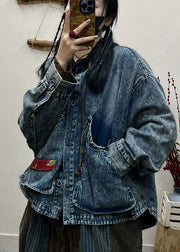 Loose Blue Pockets Patchwork Denim Short Coats Spring