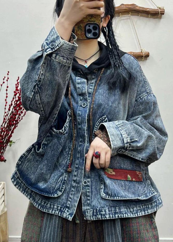 Loose Blue Pockets Patchwork Denim Short Coats Spring