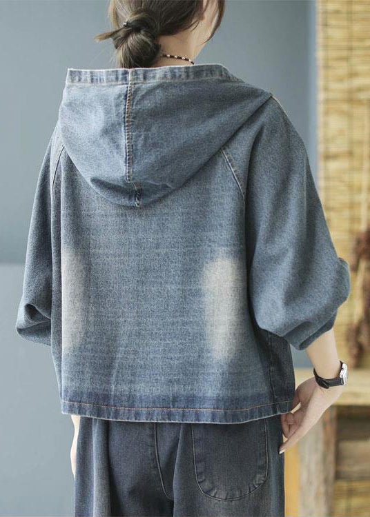 Loose Blue Pockets Print Hooded Denim Coat Long Sleeve