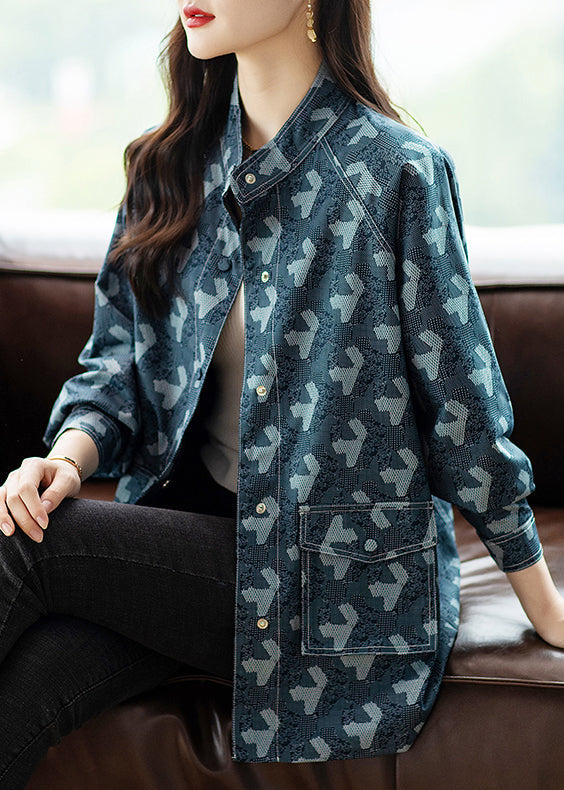 Loose Blue Print Button Patchwork Denim Coats Fall