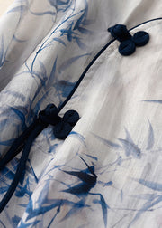 Loose Blue Print Chinese Button Linen Blouses Bracelet Sleeve