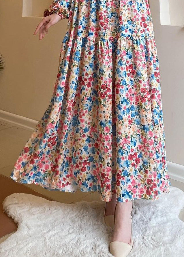 Loose Blue Print High Waist Cotton Long Dresses Spring