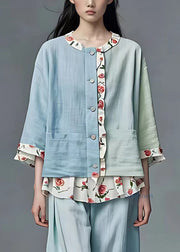 Loose Blue Print Patchwork Coats Long Sleeve