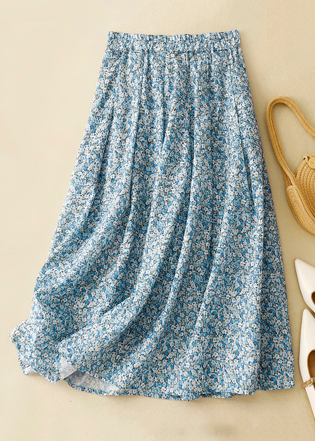 Loose Blue Print Pockets Elastic Waist Cotton Skirt Summer