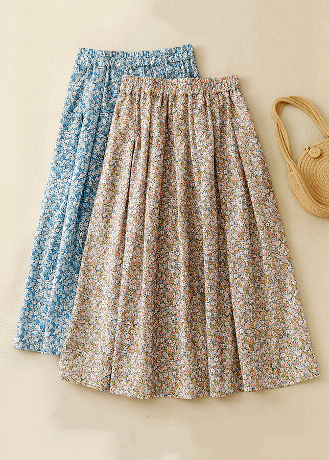 Loose Blue Print Pockets Elastic Waist Cotton Skirt Summer