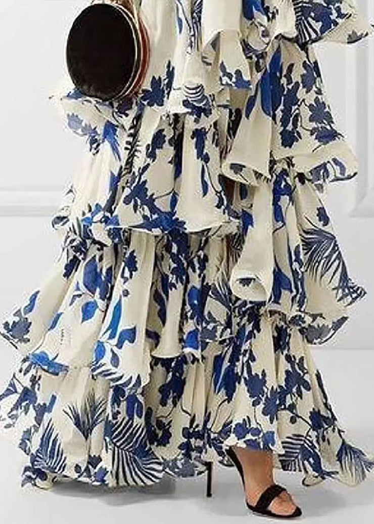 Loose Blue Ruffled Print Laxe Up Cotton Maxi Dress Sleeveless