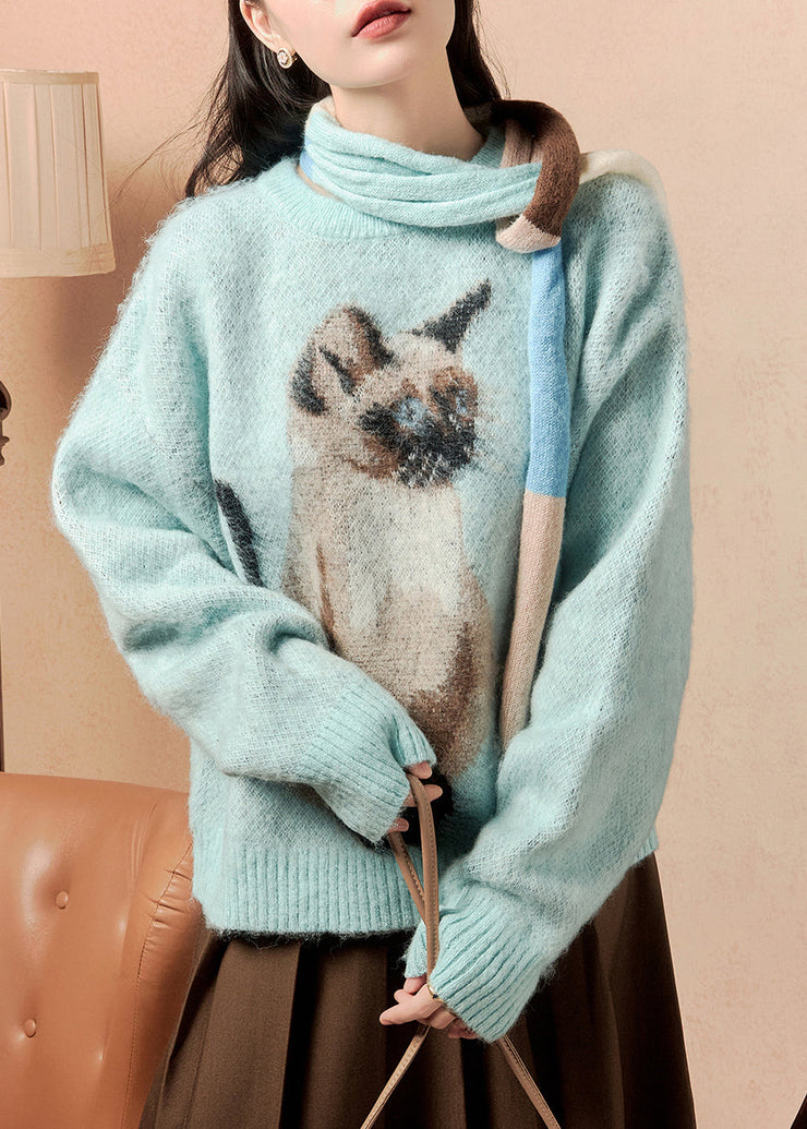 Loose Blue Scarf Animal Print Knit Sweater Winter