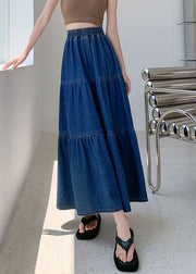 Loose Blue Solid Elastic Waist Denim Skirt Summer