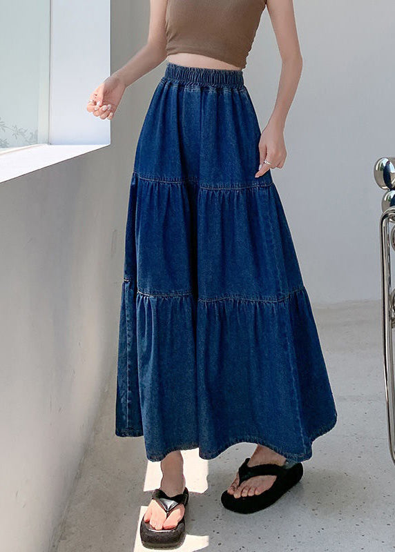 Loose Blue Solid Elastic Waist Denim Skirt Summer