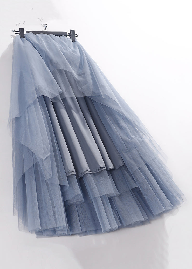 Loose Blue Solid High Waist Tulle Pleated Skirt