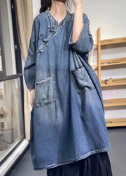 Loose Blue Stand Collar Chinese Button Pockets Denim Dress Spring