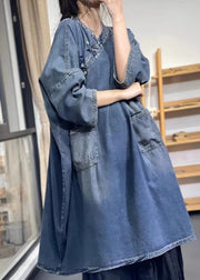 Loose Blue Stand Collar Chinese Button Pockets Denim Dress Spring