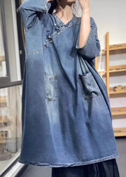 Loose Blue Stand Collar Chinese Button Pockets Denim Dress Spring