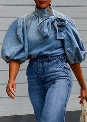 Loose Blue Stand Collar Lace Up Denim Shirt Lantern Sleeve