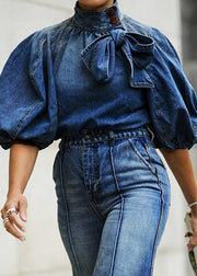 Loose Blue Stand Collar Lace Up Denim Shirt Lantern Sleeve