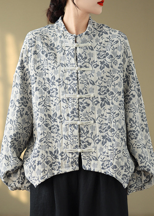 Loose Blue Stand Collar Print Button Cotton Coat Fall