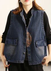 Loose Blue Stand Collar Print Button Pockets Cotton Waistcoat Sleeveless