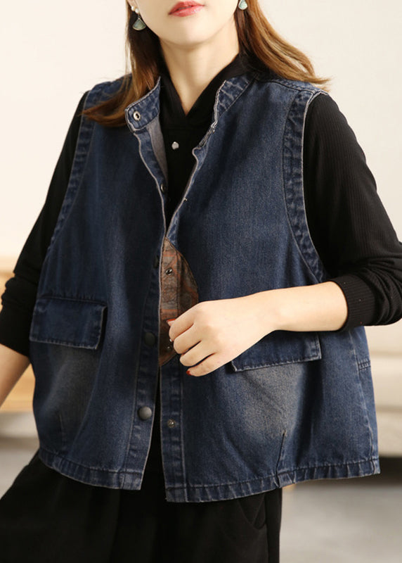 Loose Blue Stand Collar Print Button Pockets Cotton Waistcoat Sleeveless