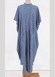 Loose Blue Stand Collar Striped Button Side Open Maxi Dress Summer