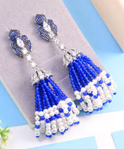 Loose Blue Sterling Silver Chalcedony Shell Tassel Drop Earrings