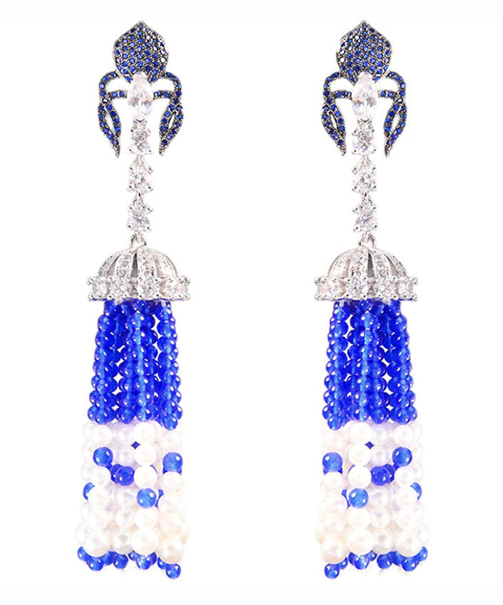 Loose Blue Sterling Silver Chalcedony Shell Tassel Drop Earrings