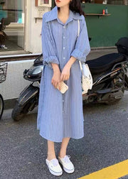 Loose Blue Striped Button Cotton Shirts Dress Spring