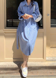 Loose Blue Striped Button Cotton Shirts Dress Spring