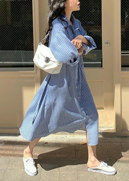 Loose Blue Striped Button Cotton Shirts Dress Spring